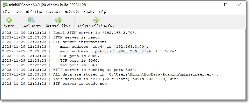 miniSIPServer main window