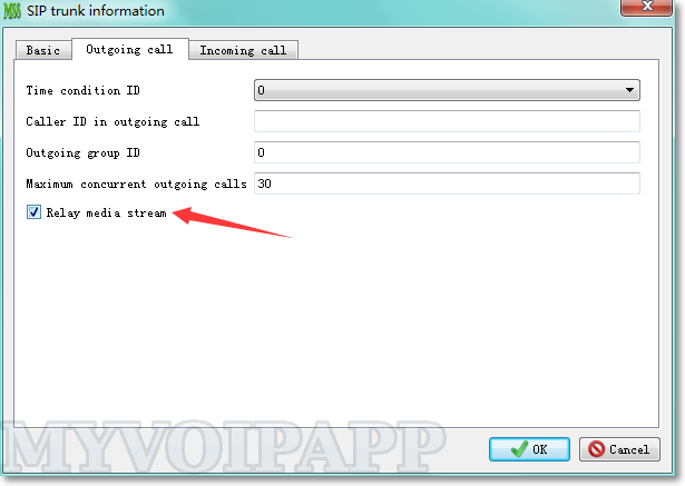 Configure "relay media stream" item in SIP trunk outgoing call