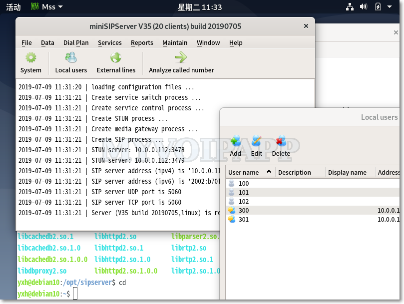 miniSIPServer on Debian 10