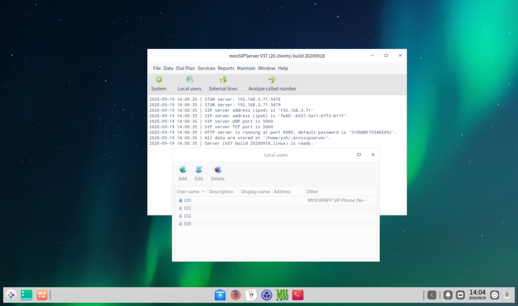 miniSIPServer is running on Deepin V20 system.