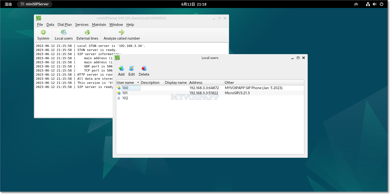 Run miniSIPServer on Debian 12 system.