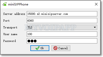 miniSIPPhone account configuration, including transport configuration.