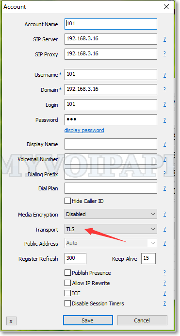 在 MicroSIP 中配置 sip over TLS 传输类型