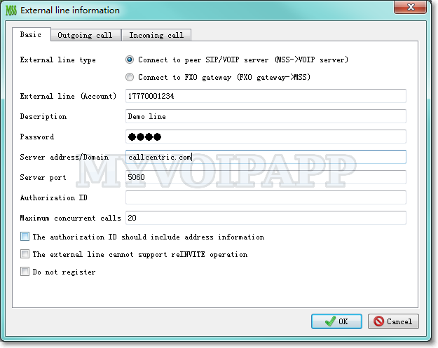 Configure CallCentric in miniSIPServer external line