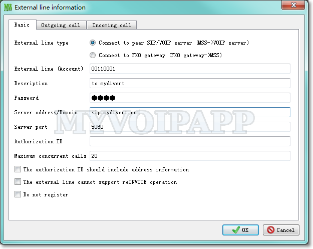 Configure mydivert in miniSIPServer external line