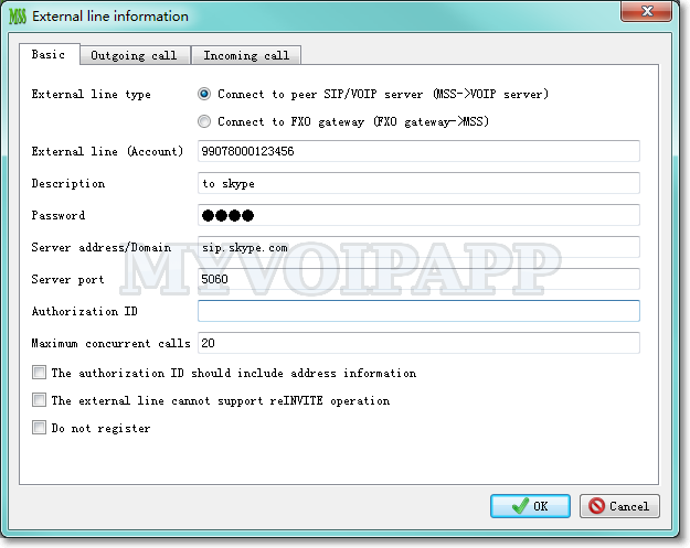 Configure skype connect in miniSIPServer external line