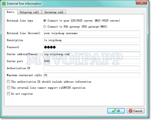 Configure voipcheap in miniSIPServer external line