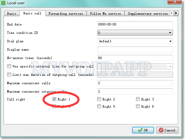 configure 'call level' in local user