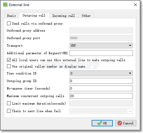 external lines outgoing call configuration