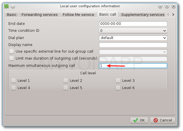 limit outgoing call in local user configuration