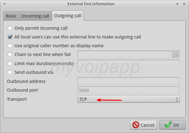 external line using TCP transport