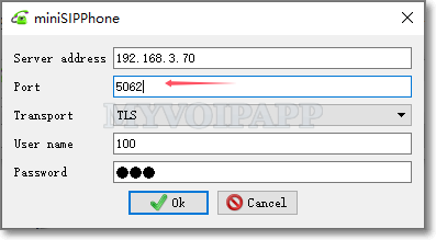 SIP over TLS with special port configuration in miniSIPPhone