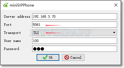 SIP over TLS configuration in miniSIPPhone