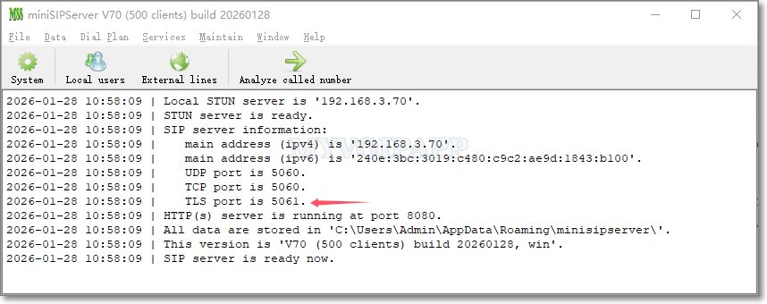 Start SIP over TLS in miniSIPServer