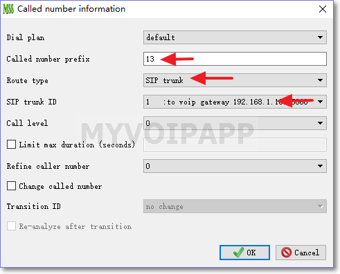 analyze callednumber to get routing to sip trunk