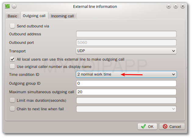 Time condition in external line outgoing configuration