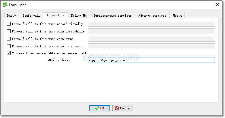 voice mail configuration in local user