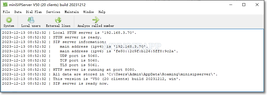 miniSipServer screenshot