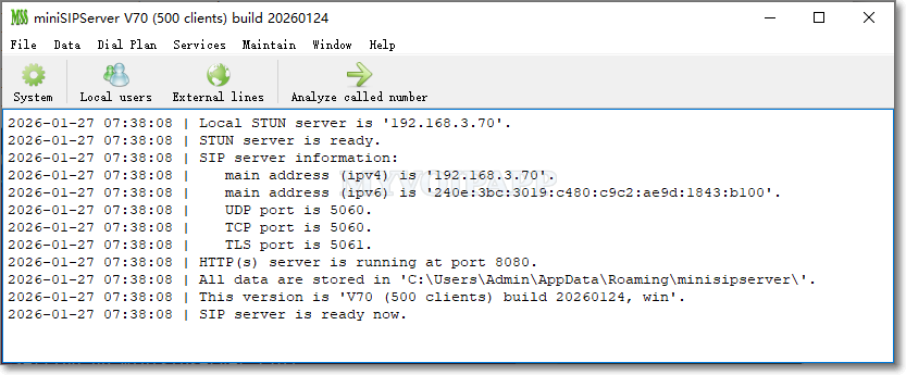 miniSIPServer main window
